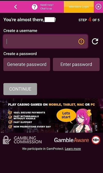 LuckyNiki Casino requires you to set up a secure username and password to join the site on mobile devices