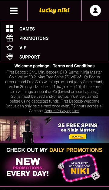 LuckyNiki Casino mobile menu features basic navigation options, such as games, promos, and VIP prizes