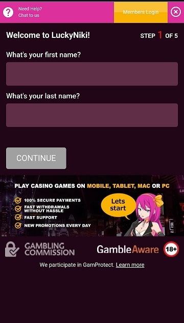 Type in your full name to join LuckyNiki