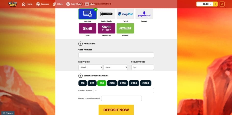 Deposit page at Wild West Wins