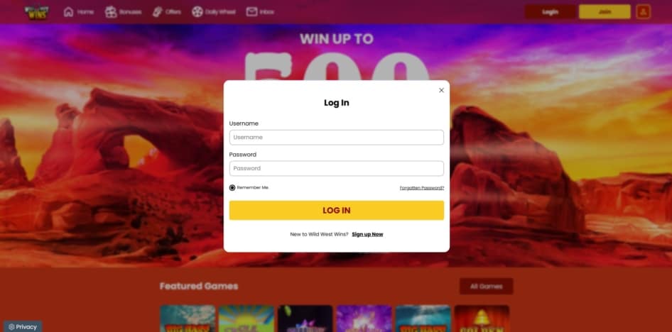 Login page at Wild West Wins