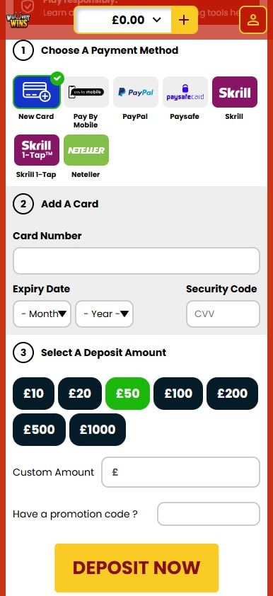 Wild West Wins mobile deposit page