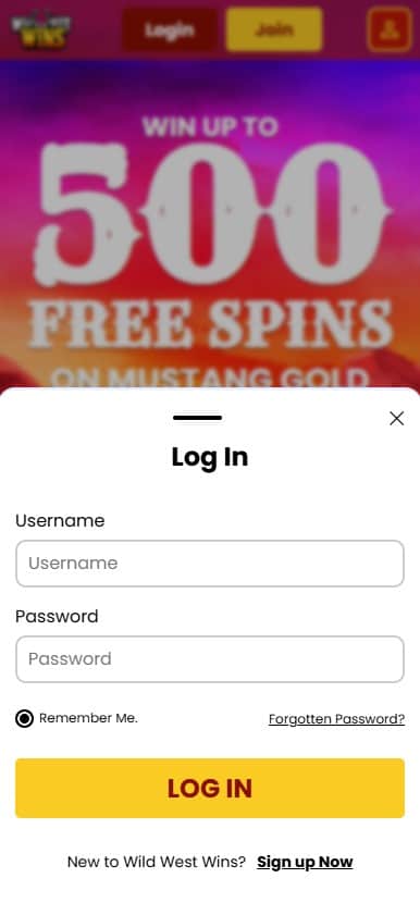 Login page at Wild West Wins on mobile