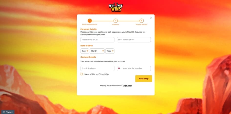 First step of the registration process at Wild West Wins