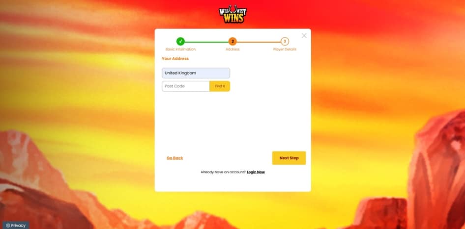 Second page of the registration process at Wild West Wins