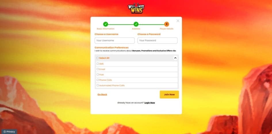 Final page of the registration process at Wild West wins