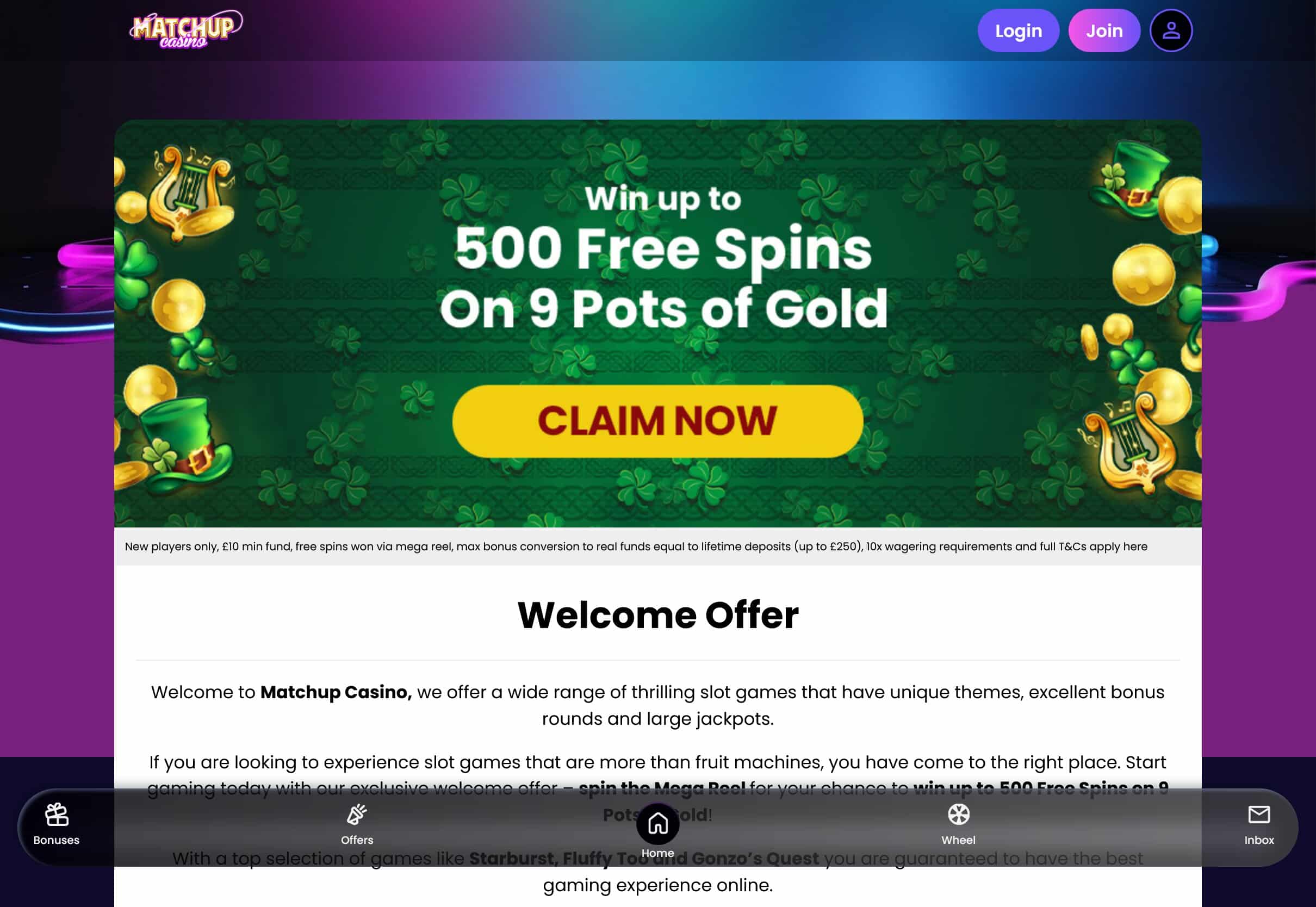 Matchup Casino Welcome Offer 500 Spins