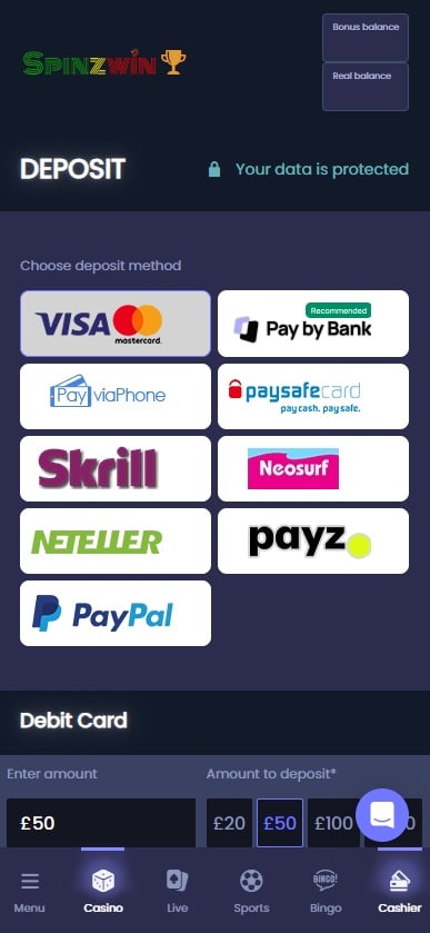 Mobile deposit page at Spinzwin Casino