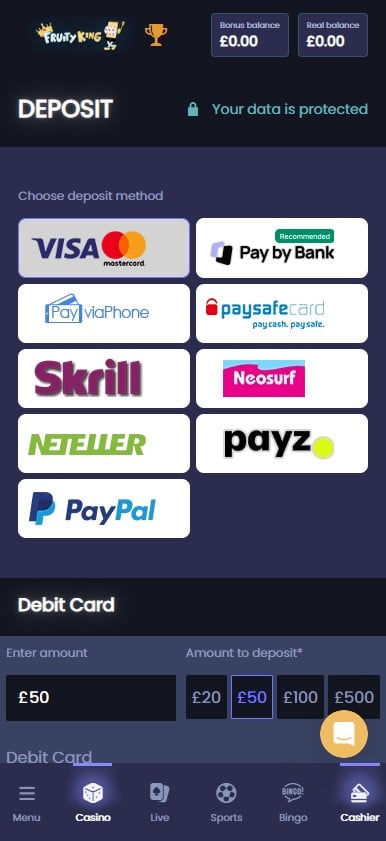 Fruity King mobile deposit page