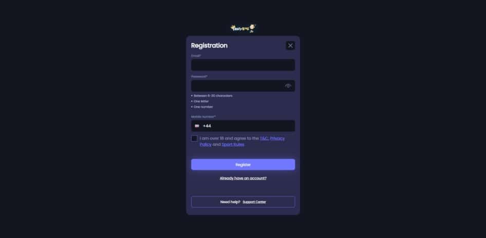 First page of the Fruity King registration process
