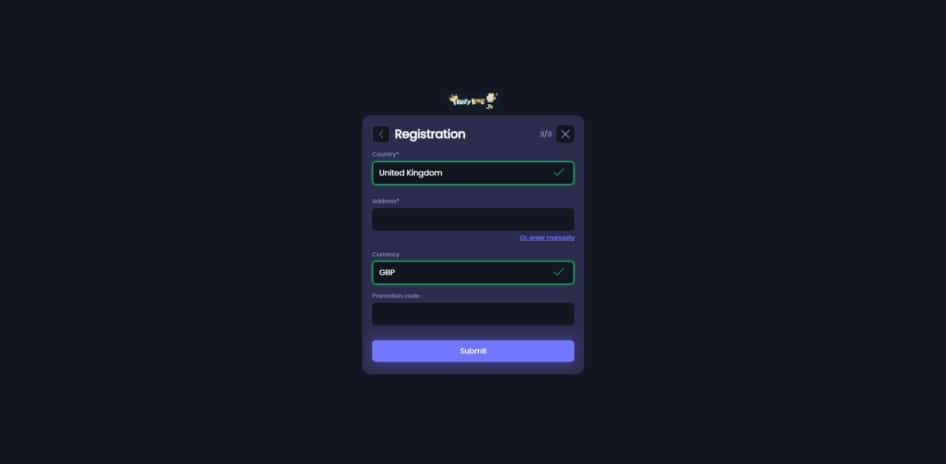 Third page of the Fruity King registration process