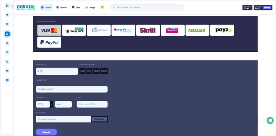 Monster Casino deposit page