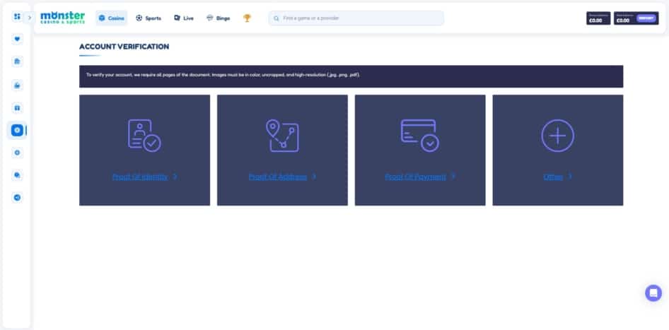 The Monster Casino account verificationv page