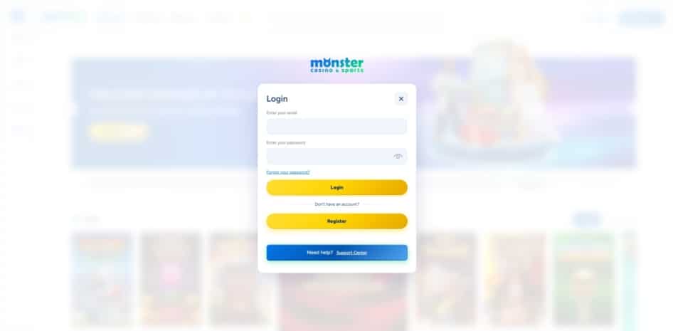 Monster Casino login page