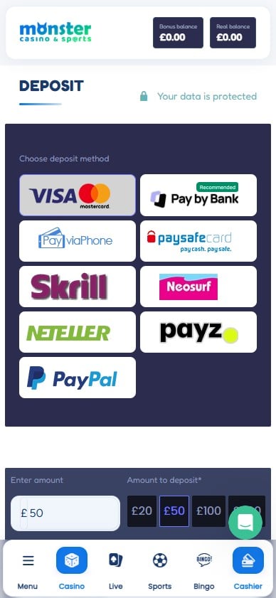 Deposit page at Monster Casino on mobile