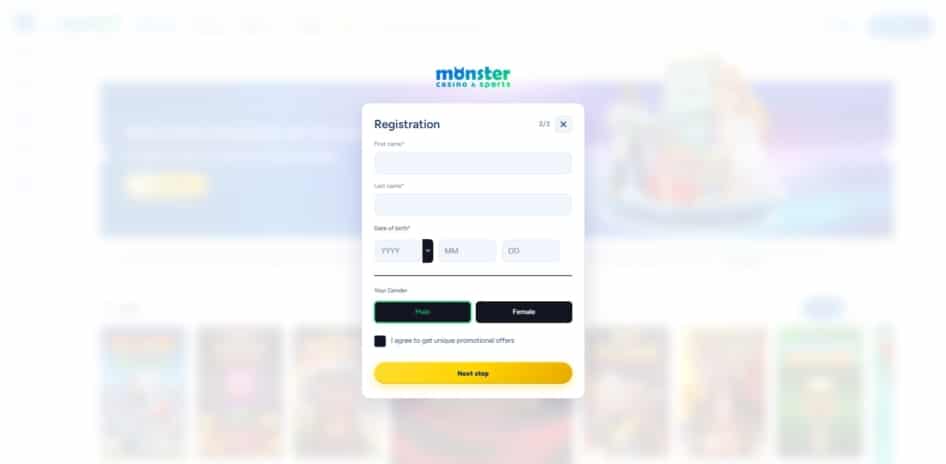 Second page of the Monster Casino registration process