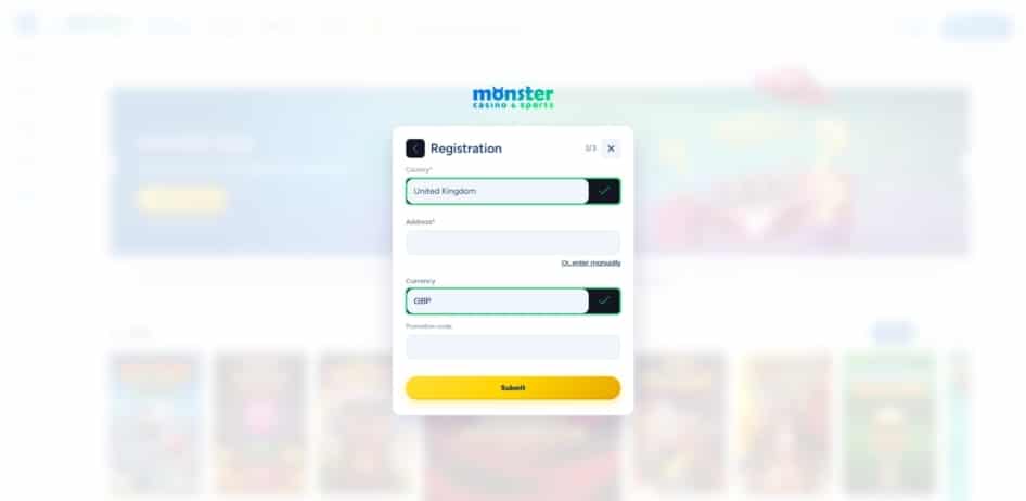 Final page of the Monster Casino registration process