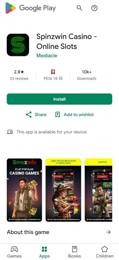 Spinzwin mobile app on Google Play