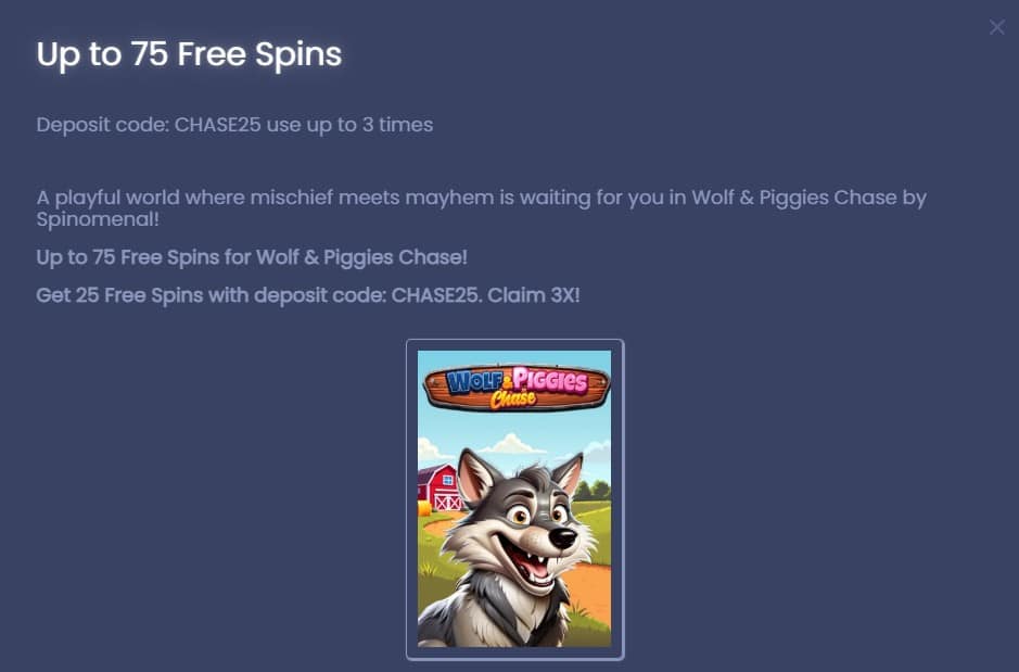 Chase bonus spins offer at Spinzwin Casino