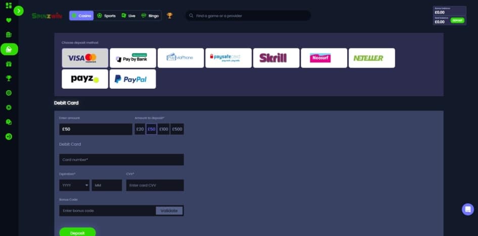Deposit page at Spinzwin Casino