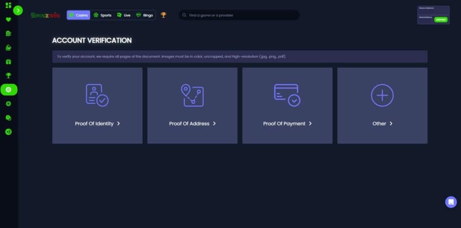 Spinzwin Casnio account verification