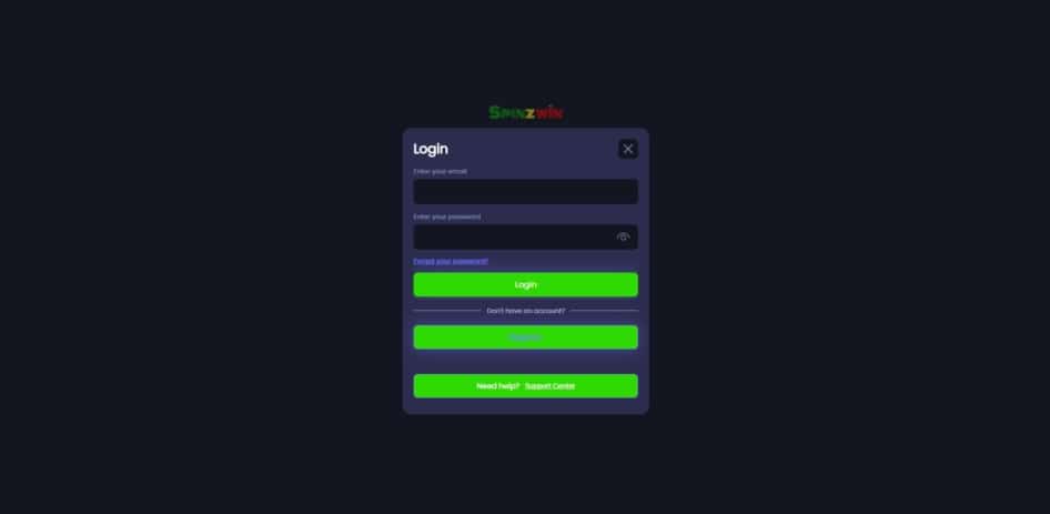 Spinzwin Casino login page
