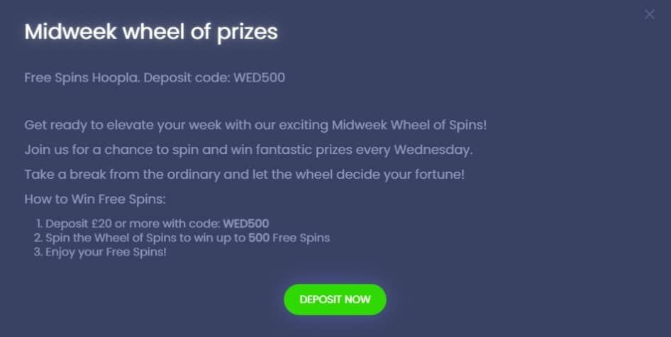 Spinzwin Casino midweek wheel promo