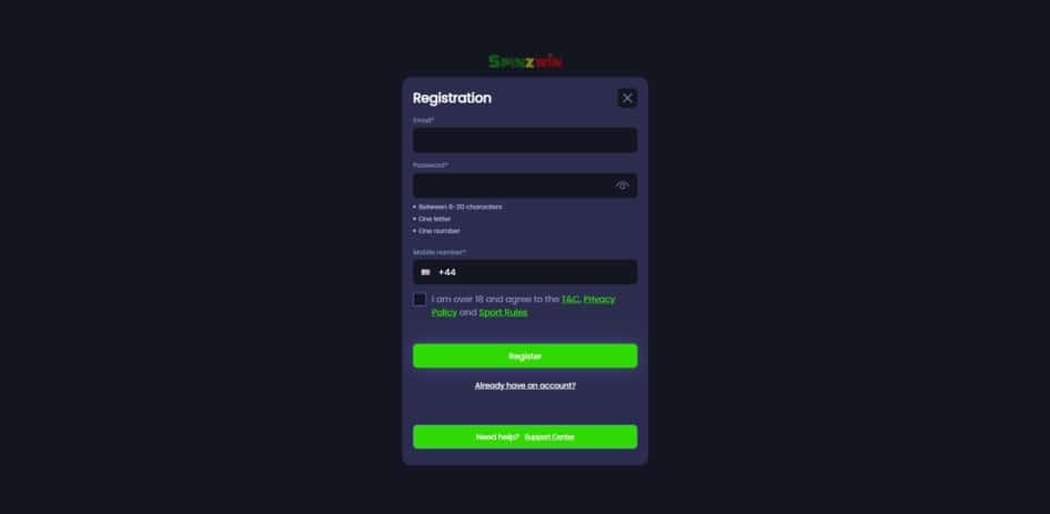 First page of the Spinzwin Casino registration process