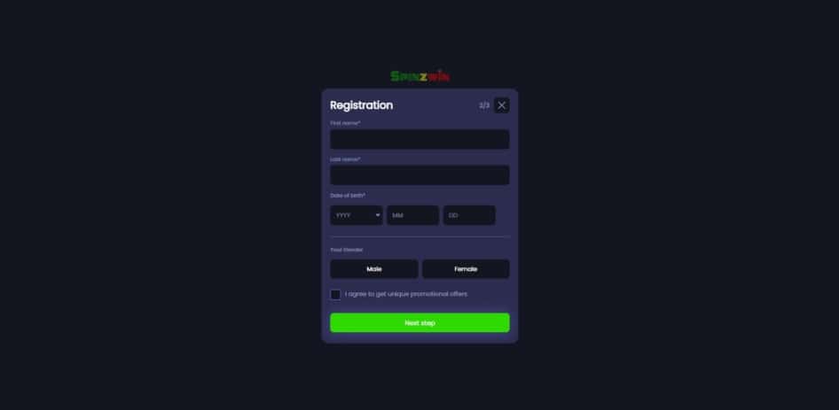 Second page of the Spinzwin registration process