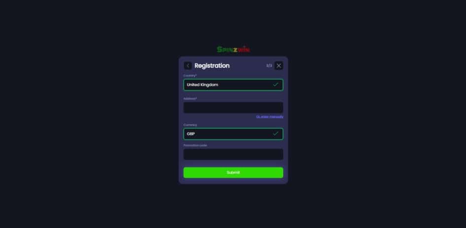 Last step of the Spinzwin Casino registration process