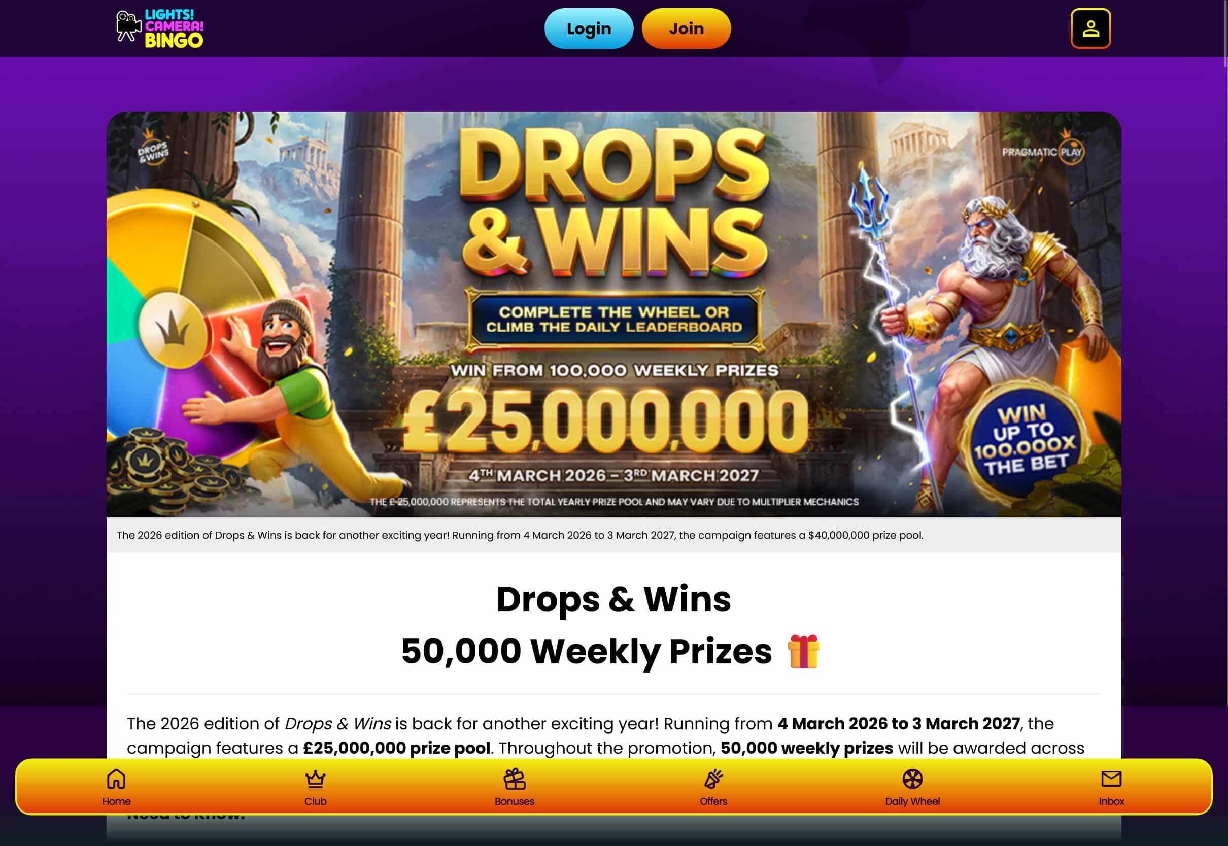 Drops & Wins Lights Camera BIngo Casino