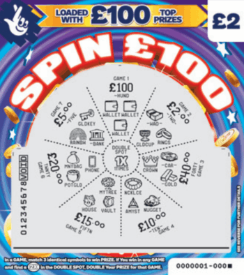 Sample of a cut scratchcard Spin £100