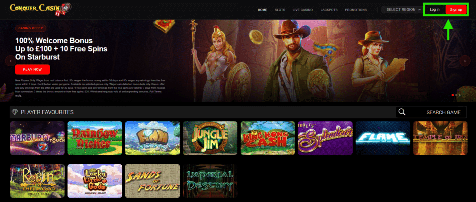 conquer casino log in or register