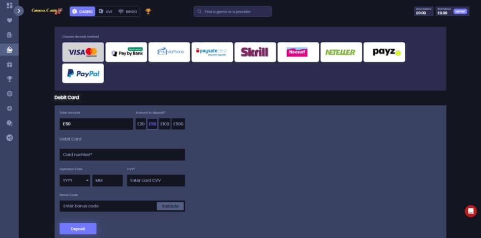 The deposit page at Conquer Casino