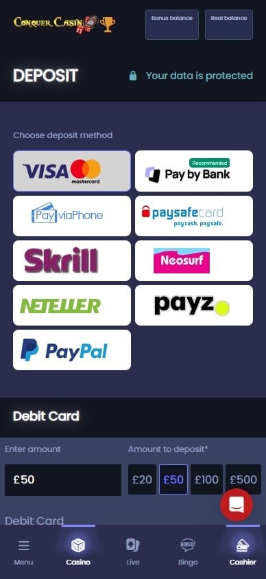 Conquer Casino mobile deposit page