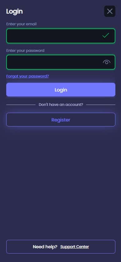 Login page at Conquer Casino on mobile