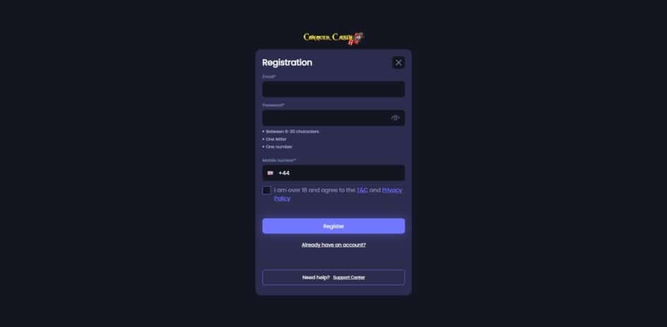 First page of the registration process at Conquer Casino
