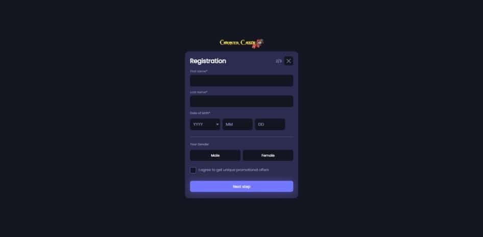 Second page of the Conquer Casino registration process