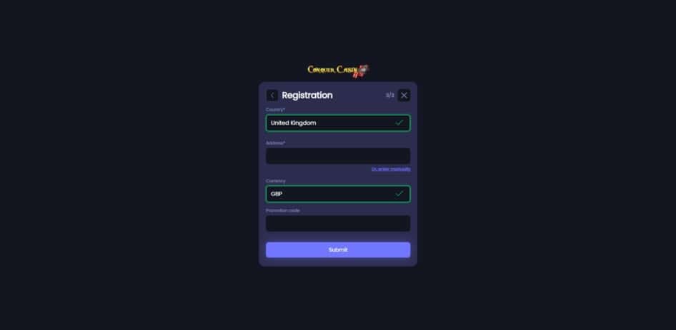 Third page of the Conquer Casino registration process