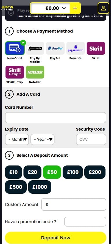 Justin Casino mobile deposit page