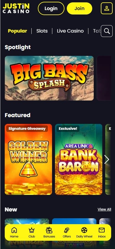 Justin Casino mobile games library