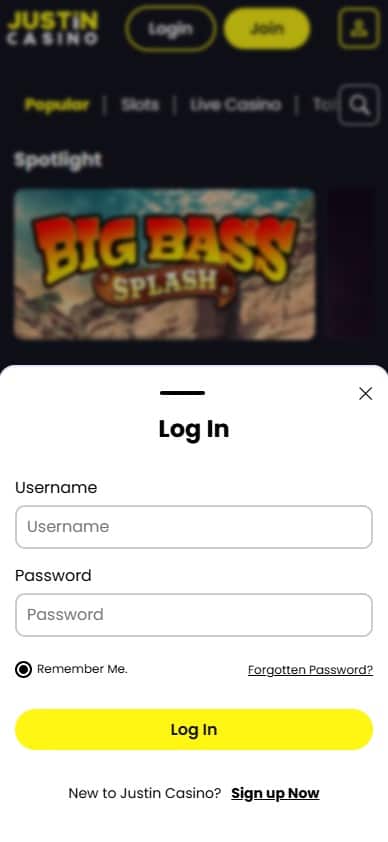 Justin Casino mobile login page