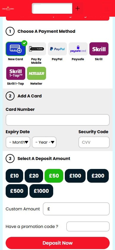 Online Casino London mobile deposit page