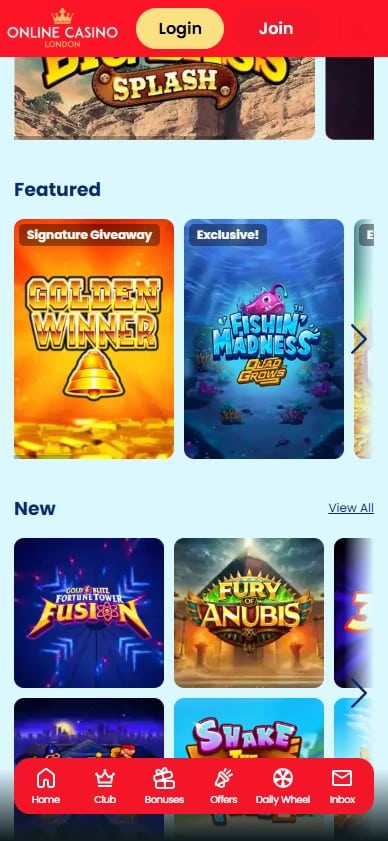 Mobile games available at Online Casino London