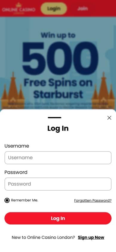 Login page at Online Casino London on mobile