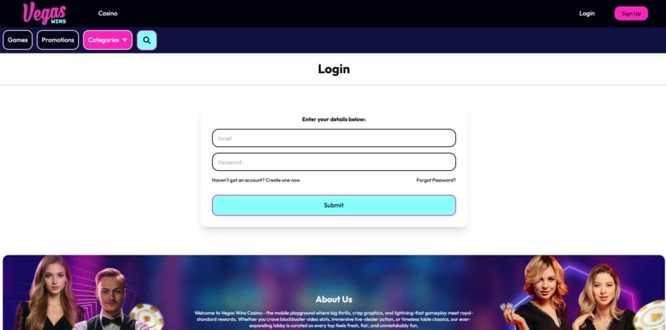 Vegas Wins login page