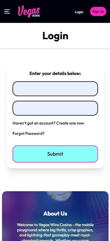 Vegas Wins mobile login page