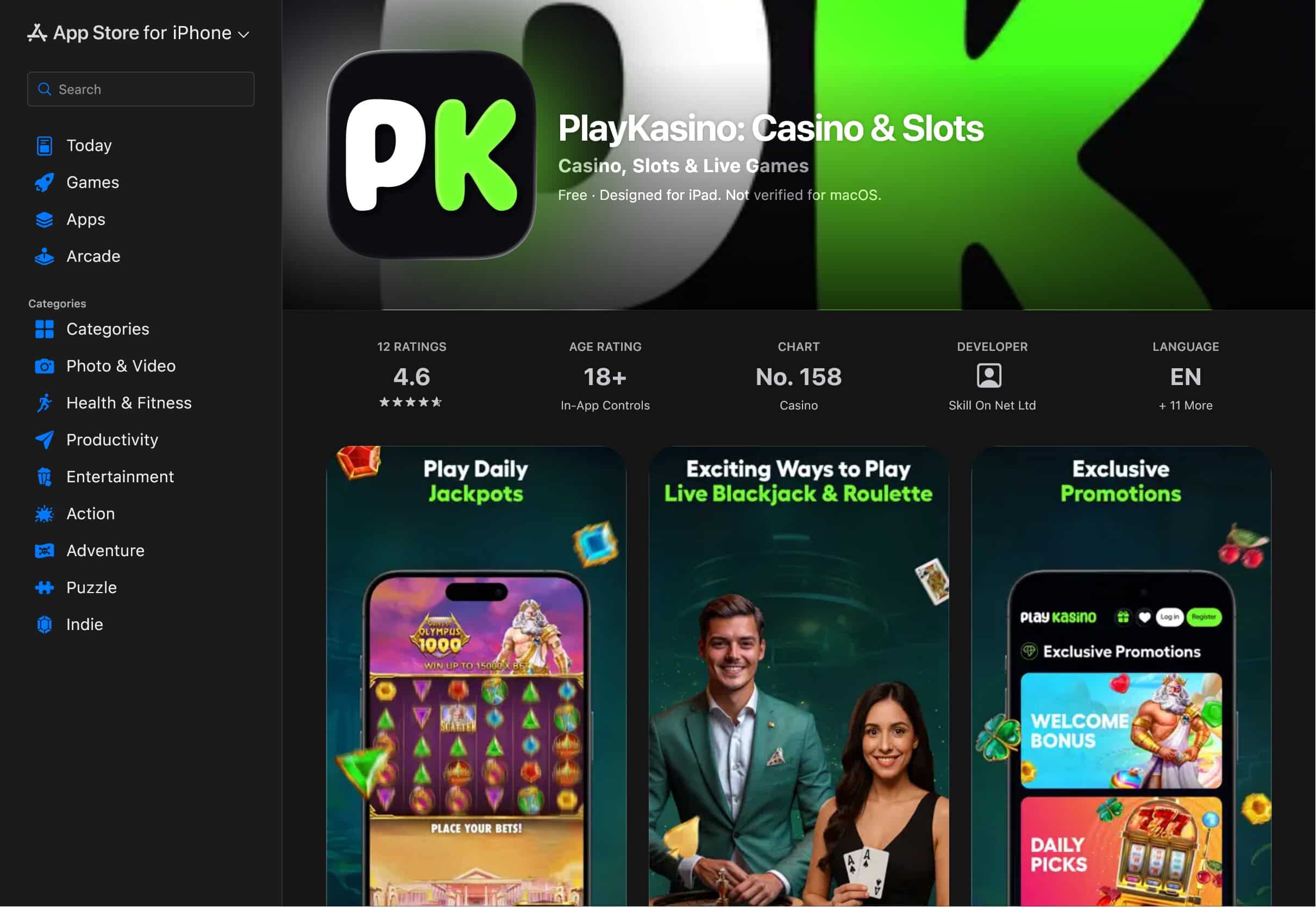 PlayKasino App iOS