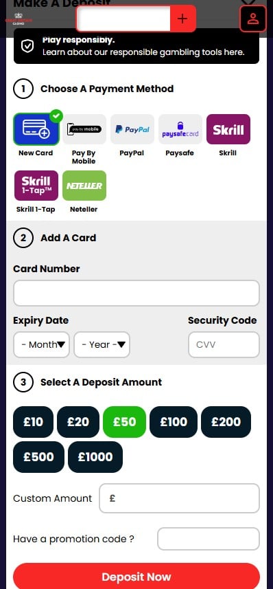 The deposit page at Great Britain Casino