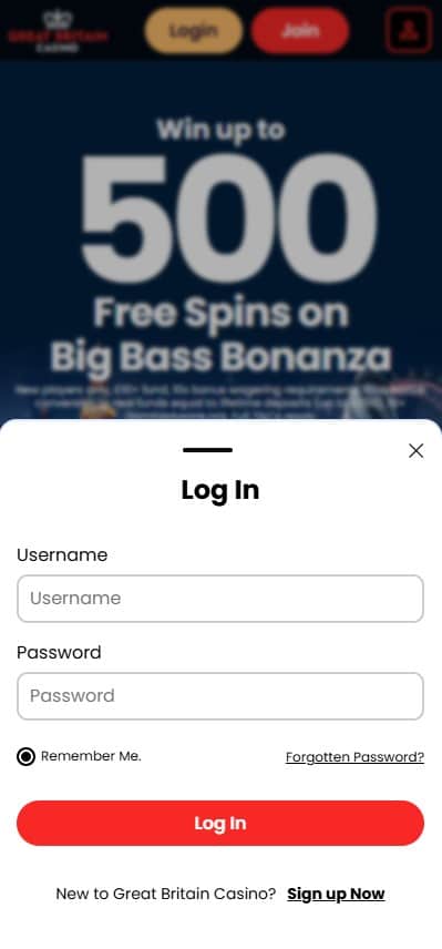 Login page at Great Britain Casino on mobile